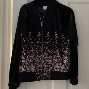 Black velvet and satin like bomber jacket zip up